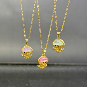 Charming iridescent jellyfish pendant necklaces in gold stainless steel chain