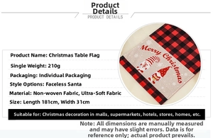 Detailed specifications of the 181x31cm red and black plaid Christmas gnome table runner