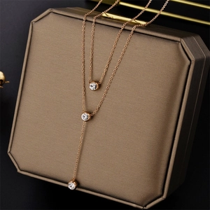 Rose gold double-layered titanium steel necklace with clear zircon tassel pendants