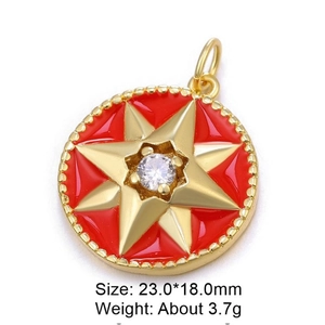 Detail of gold pendant with red enamel starburst and cubic zirconia, 23.0x18.0mm size