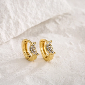 18K gold plated mini hoop earrings with micro-set zircon crescent moon charms on stone