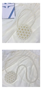 Detail of white handmade pearl beaded crossbody bag with elegant floral weave pattern
