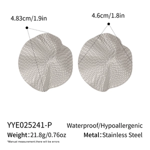 Detailed view of silver stainless steel ruffle earrings with dimensions and texture
