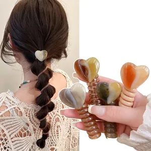 Spiral Telephone Wire Hair Ties Resin Heart Bow Flower Accents Elastic Ponytail Braid Holder No Crease For Women