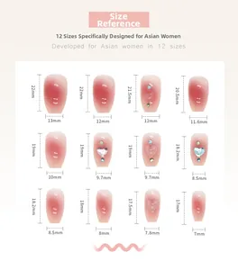 Detailed size chart for light-changing heart press-on nails with 12 precise dimensions