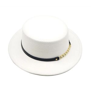 Boater Hat Vintage Flat Top Wool Felt Wide Brim With Leather Band Gold Chain Retro Jazz Style For Men Women