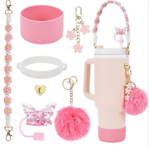 Set de 7 accesorios rosa para vaso Stanley con tapa de pajita y mango tejido