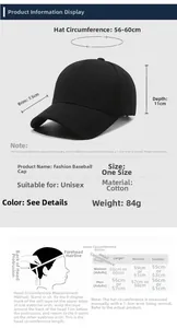 Tableau des tailles et dimensions de la casquette de baseball en coton avec mesures précises