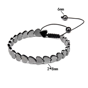 Adjustable black hematite heart bead bracelet with woven cord for men and women