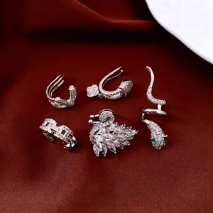 Luxury silver swan ear cuff set with sparkling zircons and minimalist metal clip earrings