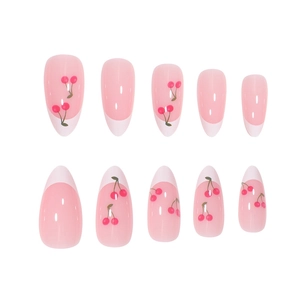 Französische Mandel-Drucknägel mit Kirschdesign und rosa Basis, Set mit 10 Stück