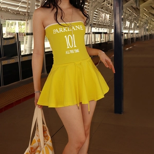 Chic yellow tube top dress with PARKLANE letter print for casual summer streetwear fashion