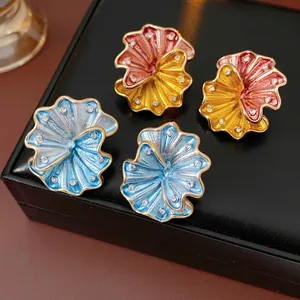 Vintage Flower Alloy Earrings With Rhinestones And Silver Earring Post Enamel Drip Oil Retro Style For Women