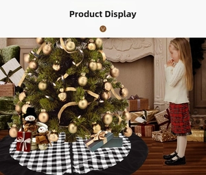 Detail of red and black buffalo plaid Christmas tree skirt with festive holiday decor