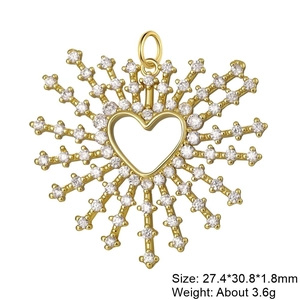 Detail of gold heart pendant with zircon sunburst and size 27.4x30.8mm specs