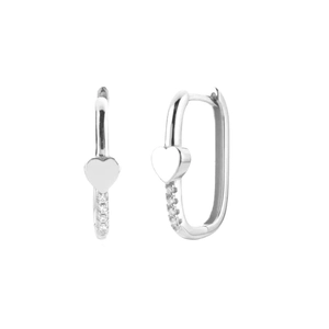 Detail of silver heart hoop earrings with micro-set cubic zirconia and polished finish