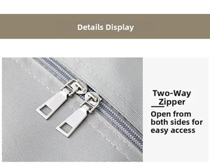 Detail display of durable dual metal zippers on a grey Oxford cloth travel storage bag