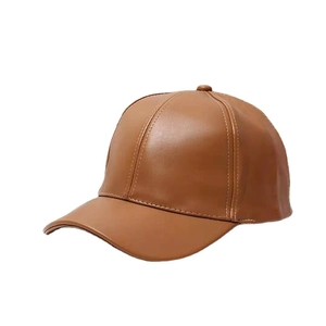 Brown PU leather baseball cap with a minimalist six-panel design and curved brim