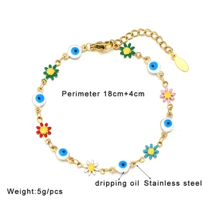 Detailed view of 18cm stainless steel flower and evil eye bracelet with size annotations