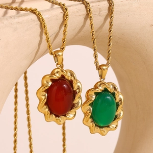 Collier Pendentif Vintage Acier Inoxydable Plaqué Or 18K Agate Ovale Rouge Vert Froissée Bijoux Rétro Femmes