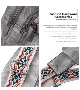 Detail of gray chest bag featuring metal zipper and geometric embroidered strap