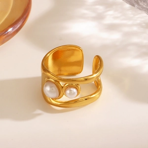 Stainless Steel Gold Plated Open Ring With Artificial Pearls Geometric Elegant Fashion Jewelry For Women