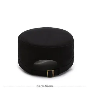 Rear view of black flat top cap with adjustable bronze metal buckle and cotton texture