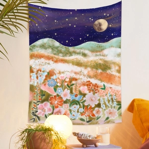 Artistic moon phase tapestry with starry sky and floral landscape for room decor
