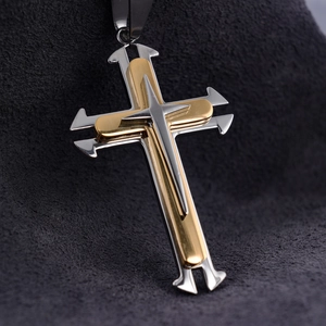 Minimalist silver and gold layered stainless steel double cross pendant for men and women