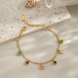 18K gold plated stainless steel bracelet featuring vibrant multi-colored gemstone charms