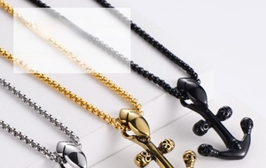 Skull and anchor pendants in silver, gold, and black colors for men's necklaces