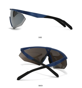 Detail view of sports aviator sunglasses with navy frame and grey wrap lenses