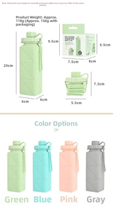 Detailed view of collapsible silicone bottle dimensions and four available colors