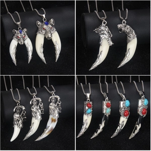 Men's stainless steel wolf tooth necklace with gothic skull and colorful gemstone pendants