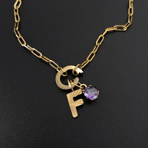 Close-up of titanium steel gold necklace with initial F and purple gemstone charms