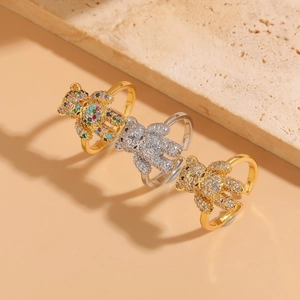 Fashion Copper Zirconia Teddy Bear Open Ring For Women Elegant Gold Silver Plated Animal Bear Adjustable Finger Ring Jewelry Gift