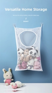 Macro detail of breathable mesh storage bag with toys showing load-bearing capacity