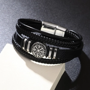 Mens multi-layer braided leather bracelet with viking compass and stainless steel clasp