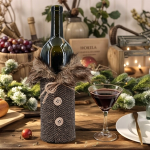 Christmas wine bottle cover with faux fur collar and tweed pattern for holiday table decor