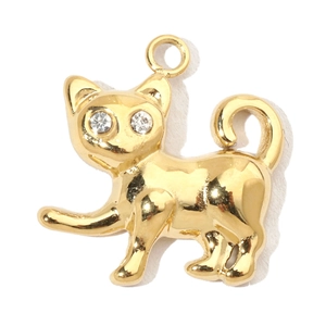 Detailed view of cat-shaped gold pendant with cubic zirconia eyes and polished finish