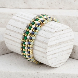 Detailed macro view of 4mm amazonite stone beads and gold plated metal spacer beads