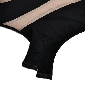 Detail view of high-stretch bodysuit crotch with triple snap buttons and mesh stitching