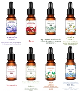 Set of eight 10ml essential oils in amber dropper bottles with floral labels