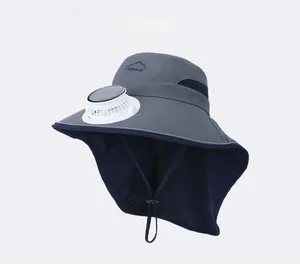 Detail of kids sun hat with built-in solar fan and protective neck flap in grey