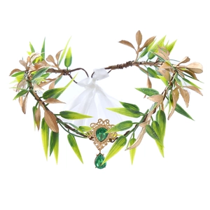 Baroque vintage forest headband with gold leaves, green gemstone, and white ribbons