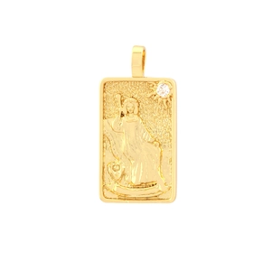Close-up of gold tarot pendant with embossed Queen figure and inlaid white zircon sun