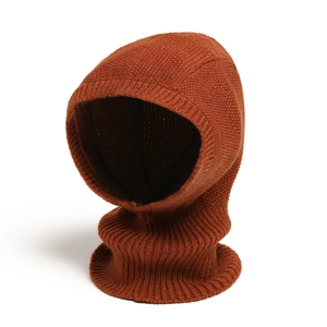 Solid color knitted hooded scarf in caramel brown for winter warmth and comfort