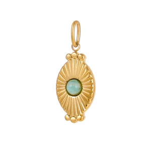 Detailed view of an oval gold pendant featuring radial texture and a green turquoise stone