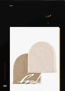 Detailed knit texture of thick beige and camel winter beanies in a stylish layout