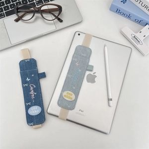 Denim elastic sleeve for iPad stylus featuring bow embroidery in light and dark blue